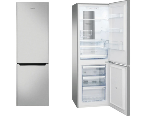 Amica Kühl-Gefrierkombination mit geöffneter Tür, Innenraum mit Fächern und Schubladen sichtbar