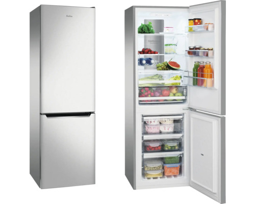 Amica Kühl-Gefrierkombination mit geöffneten Türen, gefüllt mit Lebensmitteln