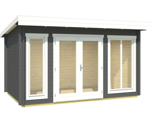 Gartenhaus aus Holz mit Fenstern und Doppeltür