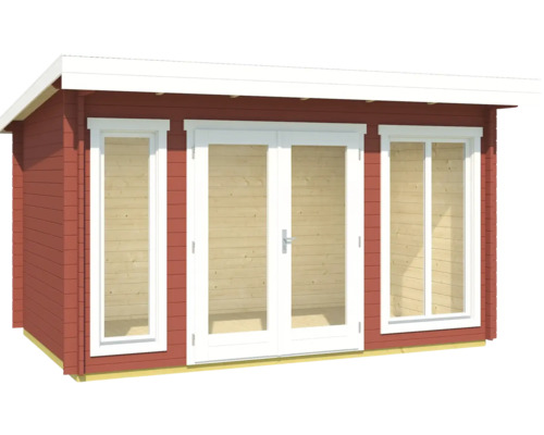 Blockbohlenhaus mit Doppeltür und Fenstern