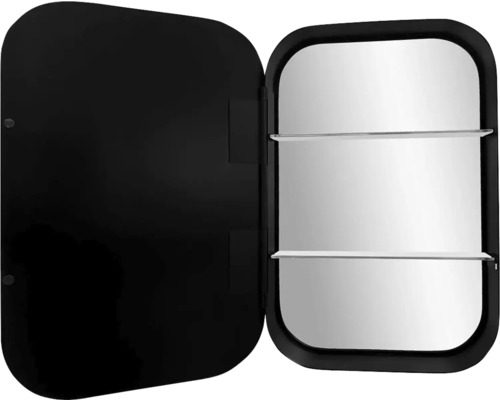 Geöffneter schwarzer Spiegelschrank mit zwei Regalböden