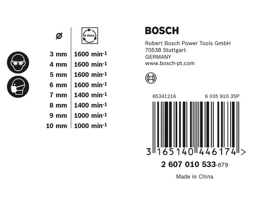Informationen zu Bosch Werkzeugen: Durchmesser, maximale Drehzahl, Schutzmaßnahmen, Barcode und Herstellungsort.