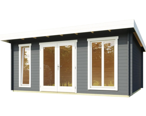 Graues Gartenhaus mit Fenstern und Doppeltür