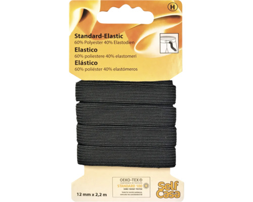 Standard Elastic 12 mm x 2,2 m schwarz Standard-Elastikband, 12 mm x 2,2 m, aus 60 Prozent Polyester und 40 Prozent Elasthan