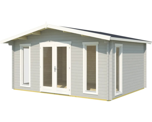 Blockbohlenhaus mit Fenstern und Doppeltür