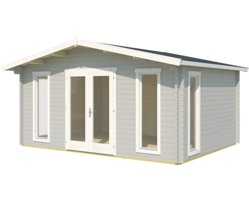 Gartenhaus aus Holz mit Fenstern und Doppeltür