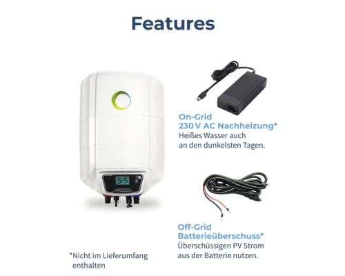 Funktionen des Warmwasserspeichers: Netzbetriebene 230 Volt AC Nacherhitzung, Batterieüberschuss im netzunabhängigen Betrieb, Heizung auch an dunklen Tagen.
