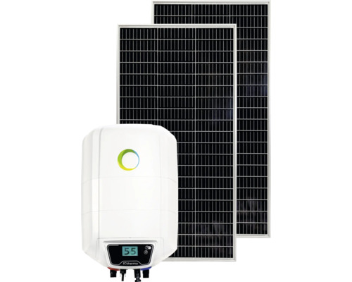 Zwei Solarmodule und ein Warmwasserspeicher