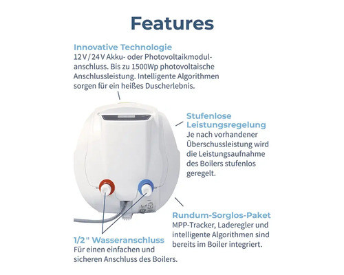 Heizgerät mit Informationen zu innovativer Technologie, stufenloser Leistungsregelung und Rundum-Sorglos-Paket.