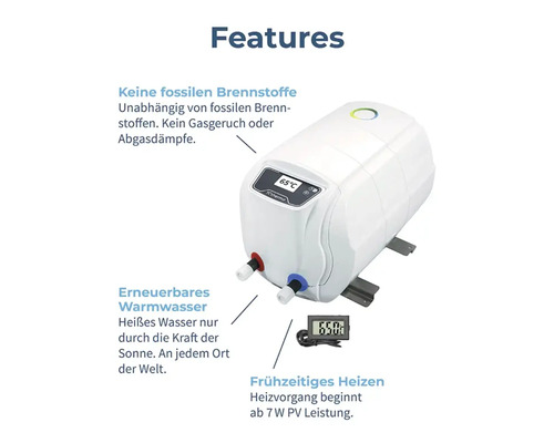 Abbildung eines Warmwasserbereiters mit Hinweisen zu Produkteigenschaften