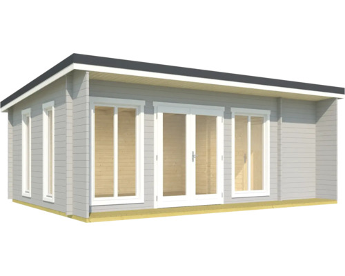 Graues Gartenhaus mit Fenstern und Doppeltür