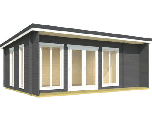 Blockbohlenhaus mit Fenstern und Doppeltür