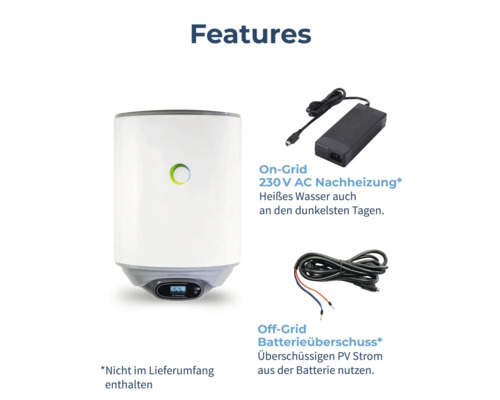 Funktionen des Warmwasserspeichers: 230 V AC Nachheizung und Batterieüberschuss