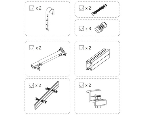 Set mit Montageteilen für Solaranlagen