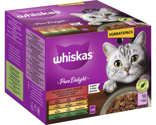 Katzenfutter nass Whiskas Pure Delight Multipack Klassisches Ragout mit Rind in Gelee Adultfutter 24x 85 g 2,04 kg