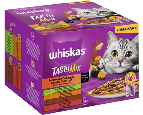 Katzenfutter nass Whiskas Tasty Mix Multipack Country Collection mit Lamm, Huhn und Karotte in Sauce und mit Huhn und Truthahn und mit Ente und mit Rind und Geflügel Adultfutter 24x 85 g 2,04 kg