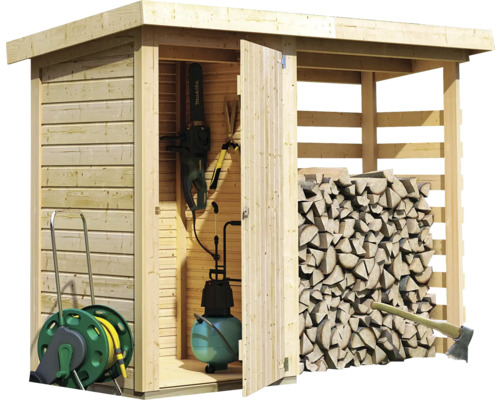 Holzschuppen mit Holzlager, Gartengeräten, Schlauchwagen und Axt