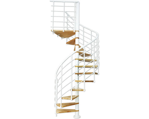 Weiße Wendeltreppe mit Holzstufen