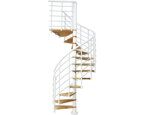 Wendeltreppe mit Holzstufen und weißem Metallgeländer