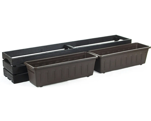 Schwarzes Pflanzkasten-Gestell mit zwei braunen Pflanzkästen