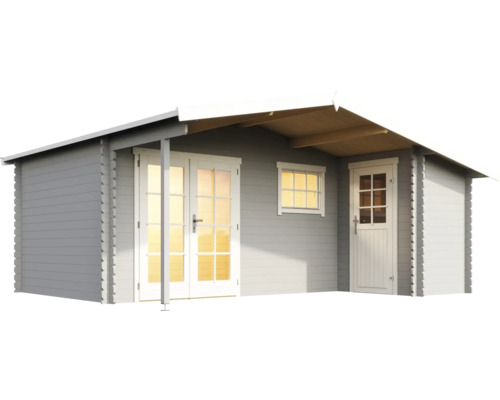 Graues Gartenhaus mit Fenstern und Türen