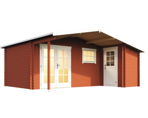 Blockbohlenhaus mit Doppeltür, Einzeltür und Fenster