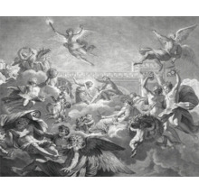 Schwarzweiße Illustration mit vielen Figuren in einer Himmelslandschaft
