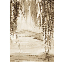Aquarellmalerei mit einer Weide und einer Landschaft im Hintergrund.