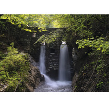 Steinbrücke mit Wasserfall in einem Wald