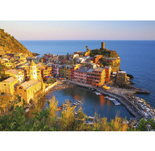 Luftaufnahme von Vernazza, Cinque Terre, Italien mit Häusern, Meer und Hafen