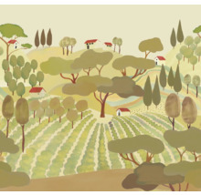 Illustration einer Landschaft mit Häusern, Bäumen und einem Feld