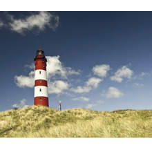 Rot-weiß gestreifter Leuchtturm auf einer Düne unter blauem Himmel