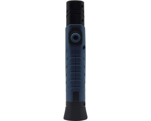 Detailansicht einer blauen Lötlampe mit schwarzem Griff und Drehknopf