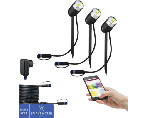 Paulmann Plug & Shine LED Spot Starterset RGBW IP44 3x4,5W 170 lm 3000-6500 K Pike anthrazit 230/24V 3 Stück - Kompatibel mit SMART HOME by hornbach Drei schwarze Gartenstrahler mit Erdspieß, Netzteil und ein Smartphone mit App zur Steuerung der Strahler
