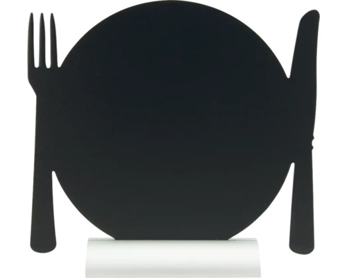 Tischkreidetafel mit Fuß Form Teller mit Besteck schwarz 24x24,5x6 cm inkl. Kreidestift