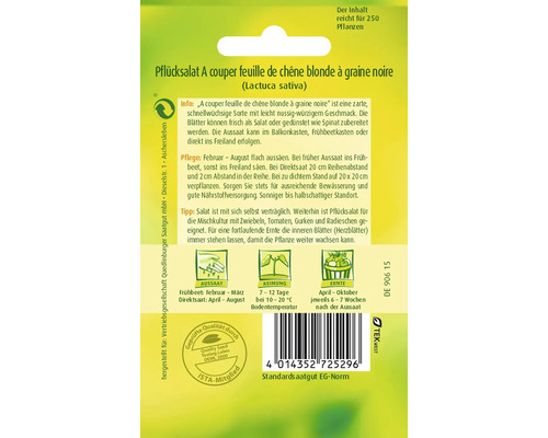 Samenpackung Pflücksalat A couper feuille de chêne blonde à graine noire (Lactuca sativa) mit Informationen zu Aussaat, Keimung und Ernte