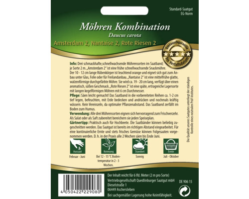 Karotten Kombinations Saatband Verpackung mit Informationen zu Sorten, Anbau und Ernte