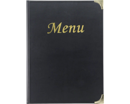 Schwarze Menükarte mit Aufschrift und Metallecken