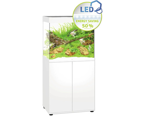 Komplettes Aquarium mit Unterschrank in Weiß, ausgestattet mit LED-Beleuchtung für energieeffiziente Aquaristik.