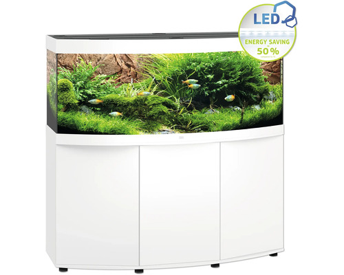 Weißes Aquarium mit Unterschrank, Pflanzen und Fischen.