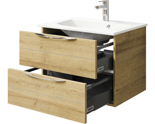 Waschtischunterschrank mit Waschbecken, zwei Schubladen und Griffen