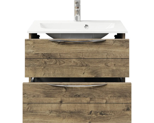 Waschtischunterschrank mit Waschbecken und zwei Schubladen im Holzdekor für das Badezimmer