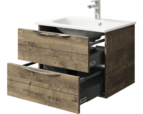 Waschtischunterschrank mit zwei offenen Schubladen und Aufsatzwaschbecken