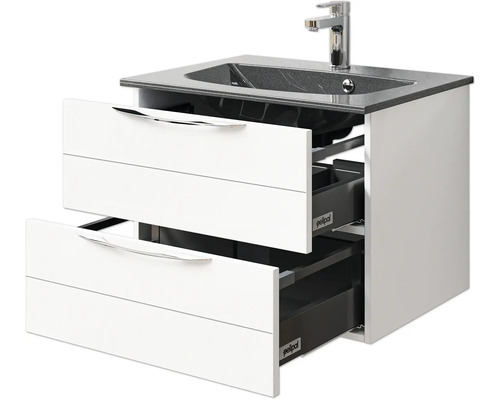 Waschtischunterschrank mit zwei offenen Schubladen und einem Waschbecken