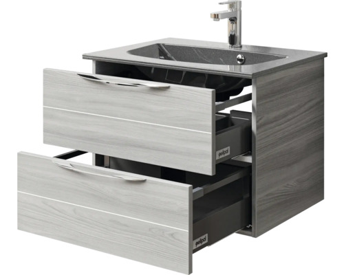 Waschbeckenunterschrank mit zwei Schubladen und einem Waschbecken aus Mineralguss