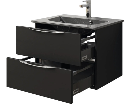 Waschtischunterschrank mit zwei offenen Schubladen, Armatur und Waschbecken