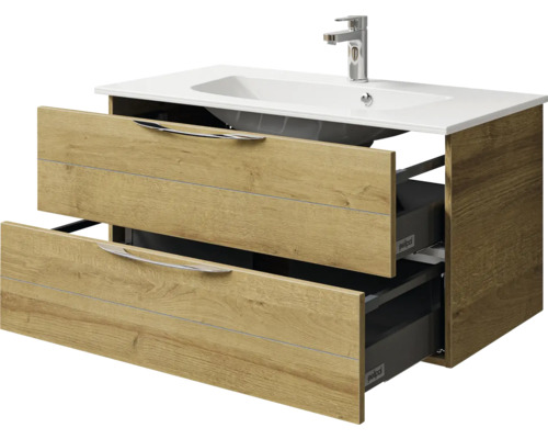 Waschtischunterschrank mit zwei offenen Schubladen und Aufsatzwaschbecken