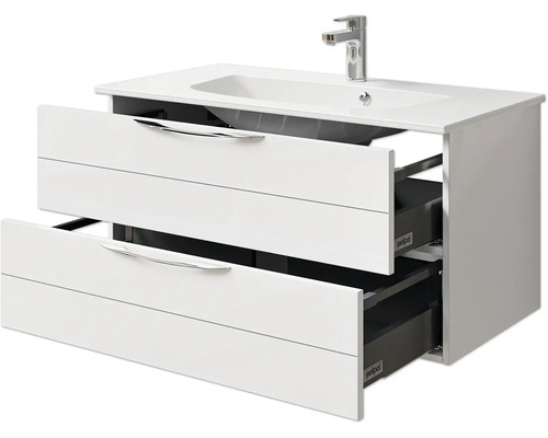 Waschtischunterschrank mit zwei offenen Schubladen und Keramikwaschbecken