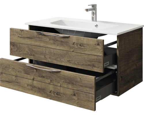 Waschtischunterschrank mit zwei Schubladen, Holzdekor und Keramikwaschbecken