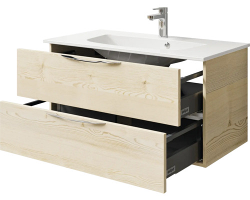 Waschtischunterschrank mit zwei offenen Schubladen und Keramikwaschbecken